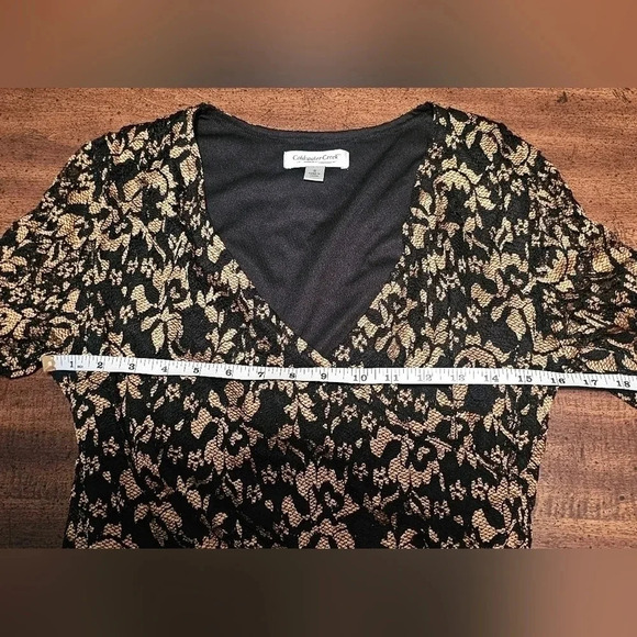 Coldwater Creek Womens Sz Small Gold Black Lace Overlay Floral Surplice Blouse - Picture 15 of 16